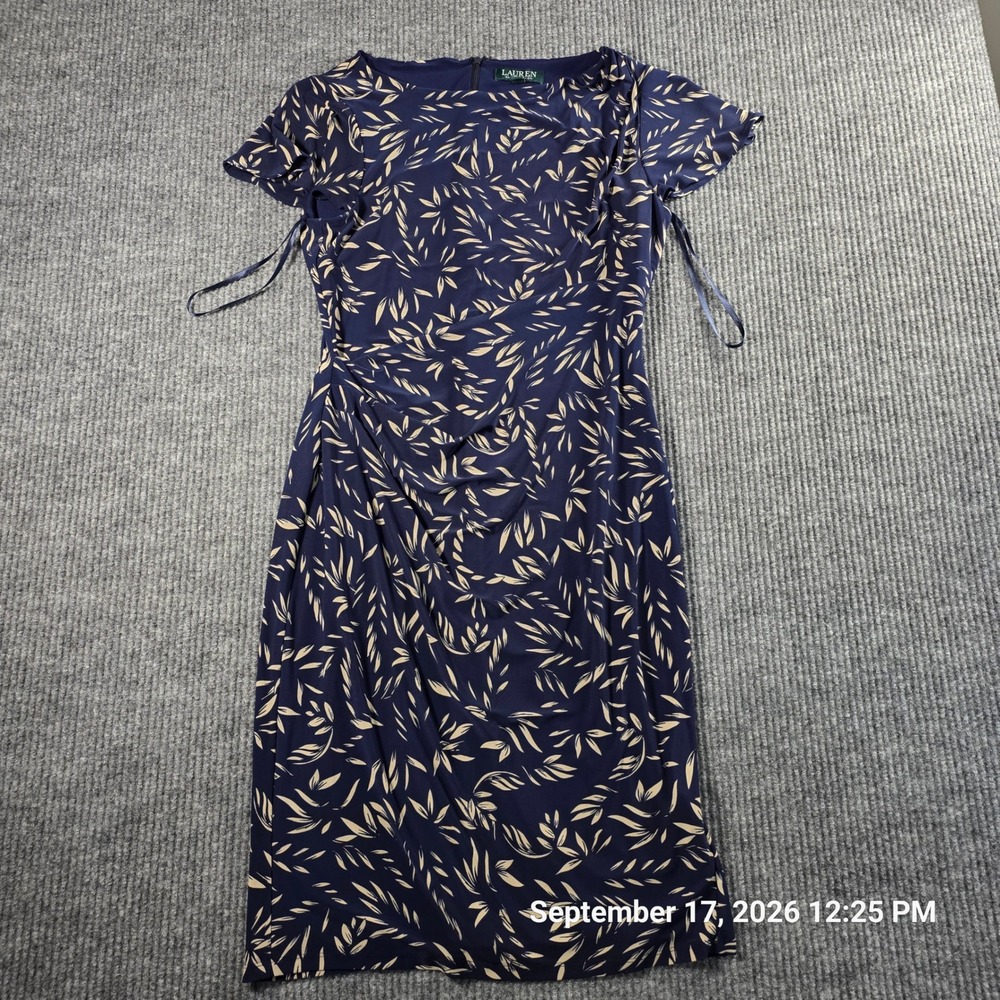 Lauren Ralph Lauren Navy Blue Leaf Print Ruched Sheath Dress Size 10